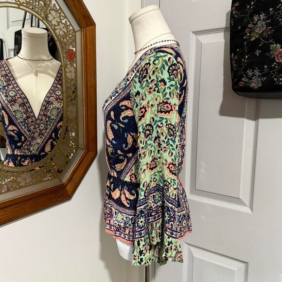 Free People Rosalie Mint Green & Peachy Orange Paisley Bell Sleeve Faux Wrap Top - Picture 4 of 8